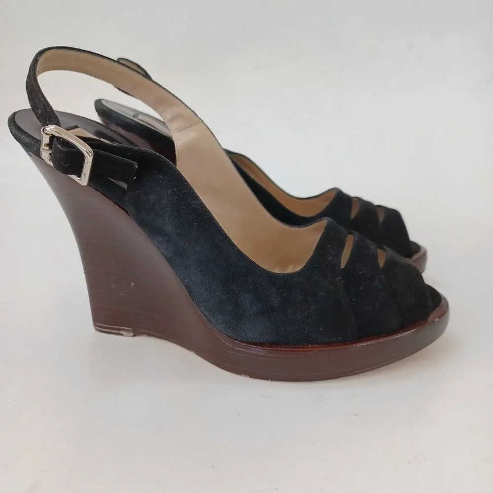 Michael Kors Black Suede Wedge Womens US 7.5 M Heels Retro Look Made‎ In Italy